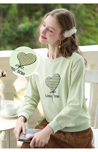 Women's Green Waffle Knitted Loose O-Neck Pullover Hoodie with Embroidery