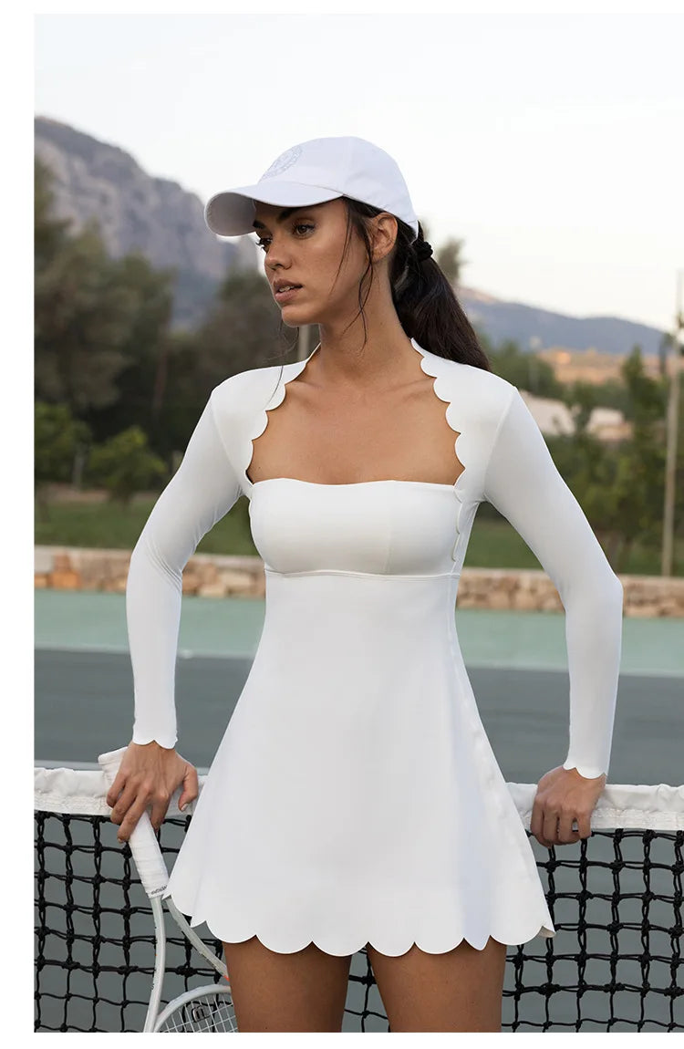 FUBEIKE Tennis Clothes Women's Long Sleeve Wave Lace Golf Wear Tennis Skirt Breathable Quick-Drying Yoga One-Piece Dress - Buy online at  Vibe In Cart.