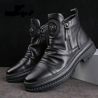 Men's Motorcycle Leather Boots British Style Round Head High Top Shoes Side Zip Walking Casual Platform Boots Bota Masculina - Buy online at  Vibe In Cart.
