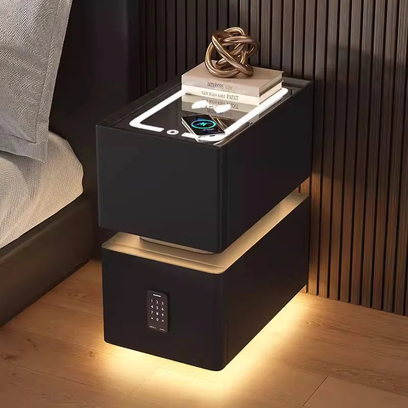 Wooden Bedside Table with Wireless Charging, Sensor Light, and 1 Drawer