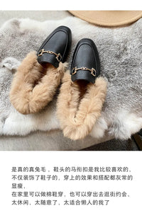 Women's Velvet Loafers with Rabbit Fur and Leather for Autumn