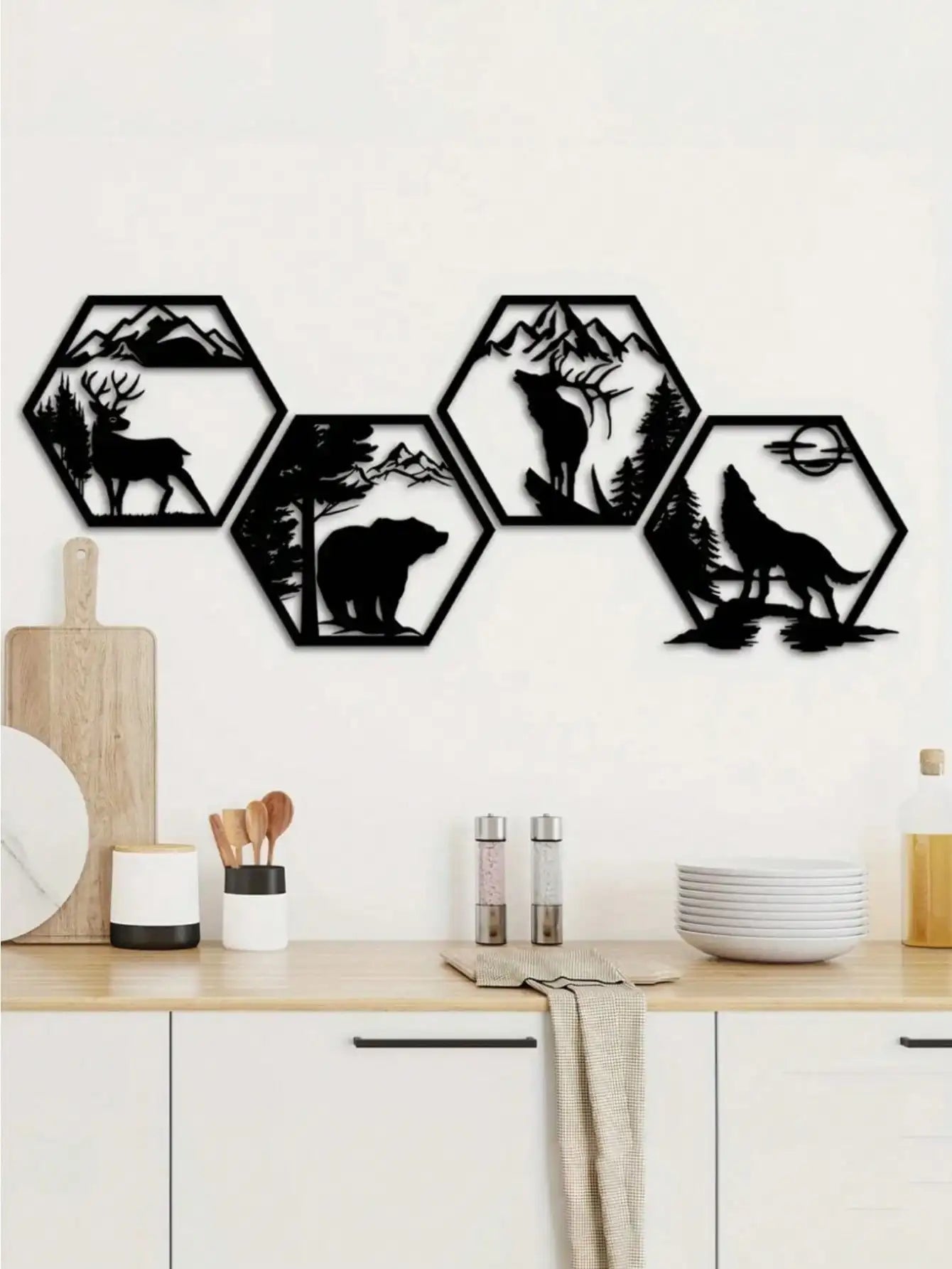 4PC Hexagon Animal (Deer/Wolf/Bear) Metal Wall Sculpture | Rustic Black Decor | Halloween & Christmas Gift - Buy online at  Vibe In Cart.
