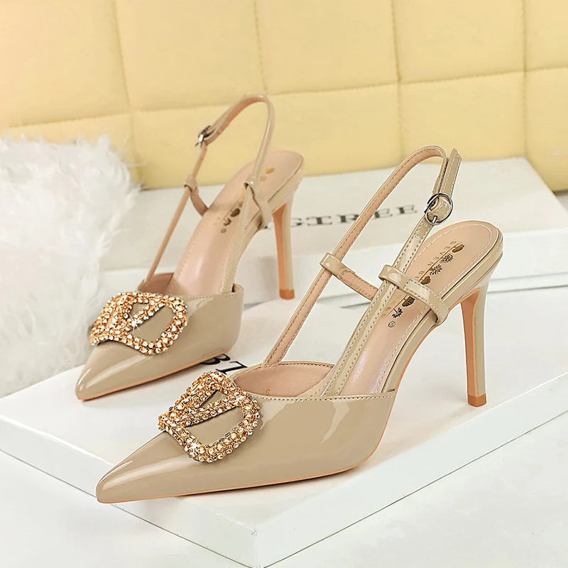 Women Metal Decoration 9cm High Heels Sandals Female Patent Leather Back Strap Pumps Lady Pointed-toe Shallow Crystal Shoes - Buy online at  Vibe In Cart.