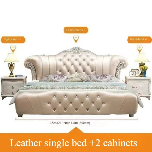 Modern Wood Bed with Storage and Genuine Leather Surface