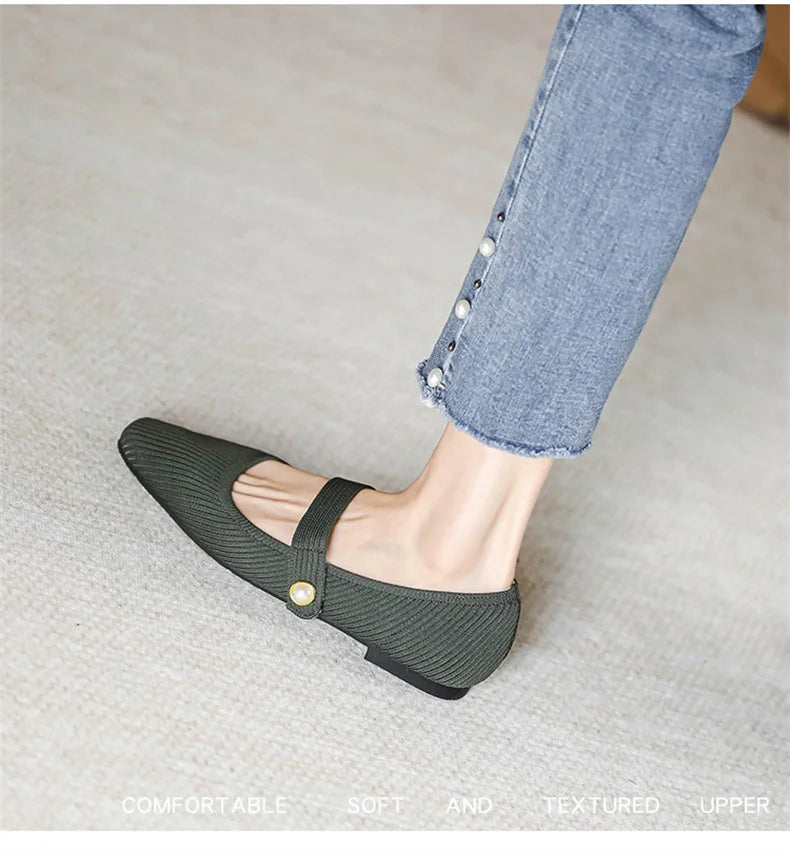 2024 Leisure Weaving Flats Women Ankle Strap Pearl Mary Stretch Fabric Ballerina Knitting Moccasins Mesh Solid Color Shoes - Buy online at  Vibe In Cart.