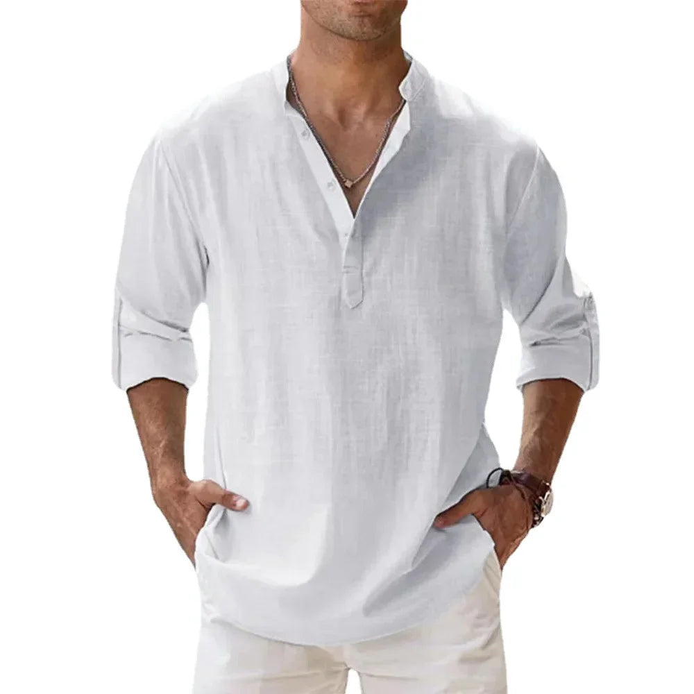 Cotton Linen Hot Sale Men's Short-Sleeved Shirts Summer Solid Color Henley Collar Casual Beach Style Hawaiian Vacation - Buy online at  Vibe In Cart.