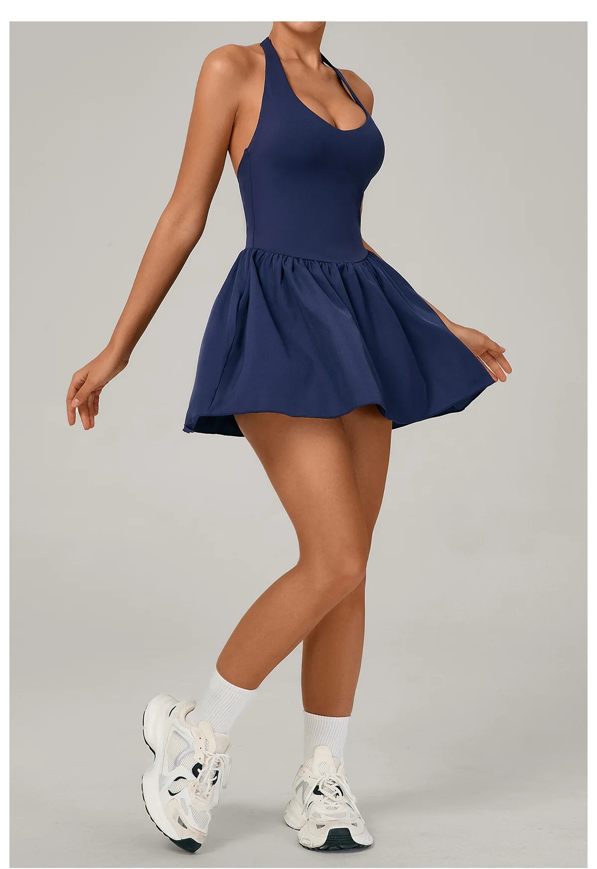 Hanging Neck Tennis Dress Women Solid Color Sleeveless Sports One Piece Pocket Suits Outdoor Running Fitness Yoga Golf Dresses