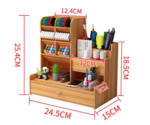 Wooden Pen Holder Desk Organizer With Storage Drawer