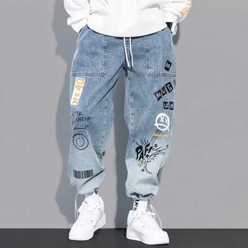 Korean Clothing  Men Letter Printed Jeans High Waisted Baggy Jeans Cartoon Graffiti Hip-Hop Pants Blue Jeans - Buy online at  Vibe In Cart.