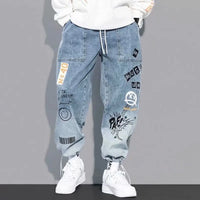 Korean Clothing  Men Letter Printed Jeans High Waisted Baggy Jeans Cartoon Graffiti Hip-Hop Pants Blue Jeans - Buy online at  Vibe In Cart.