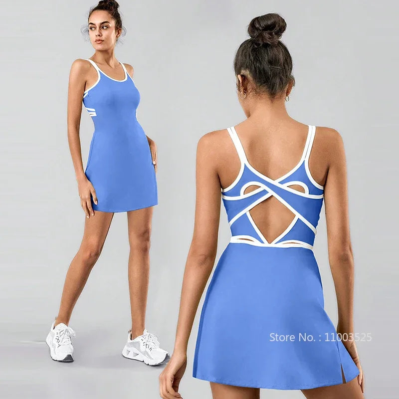 Women Tennis Dress with Inner Short Golf Badminton Skorts Backless Cross Tracksuits Ladies Sleeveless Golf Yoga Dresses S-XL