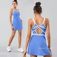 Women Tennis Dress with Inner Short Golf Badminton Skorts Backless Cross Tracksuits Ladies Sleeveless Golf Yoga Dresses S-XL