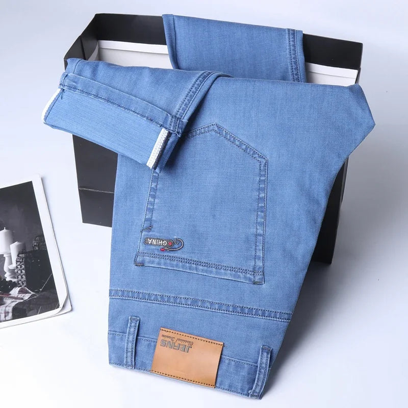 Men's Straight Blue Stretch Denim Jeans for Spring and Summer