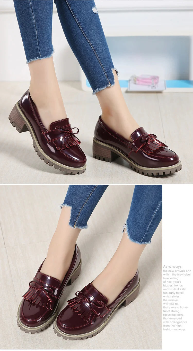 Women's Leather Loafers with Fringe Slip-On Brown Flats