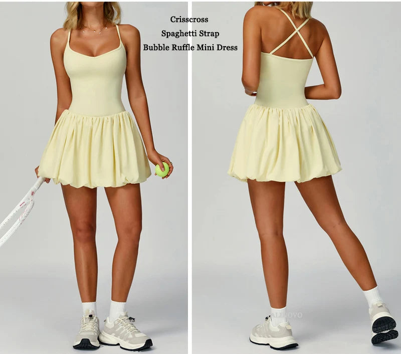 VITALINOVO Womens Spaghetti Strap Tennis Dress with Built-in Bra & Shorts Pockets V Neck Crisscross Athletic Golf Workout Dress