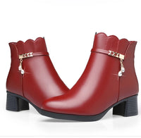 Women's Autumn Winter Soft Leather Warm Plush Ankle Boots Anti-Slip Thick Heel