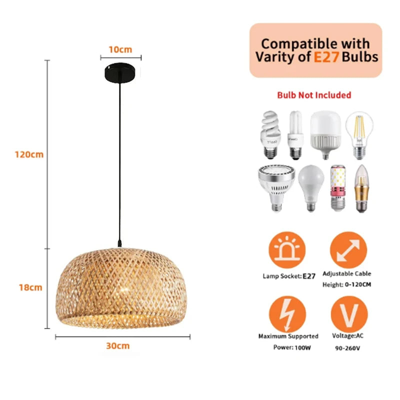 Bamboo Lantern 30cm Pendant Lamp Natural Rattan Wicker E27 LED Chandeliers Hand-Woven Lampshades Lighting Fixture Hanging Light - Buy online at  Vibe In Cart.