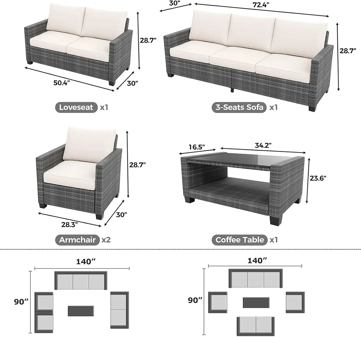 5 Piece Outdoor Patio Furniture Set with Coffee Table, Rattan Deck Conversation Sofa Set, All-Weather Sectional Rattan Sofa with - Buy online at  Vibe In Cart.