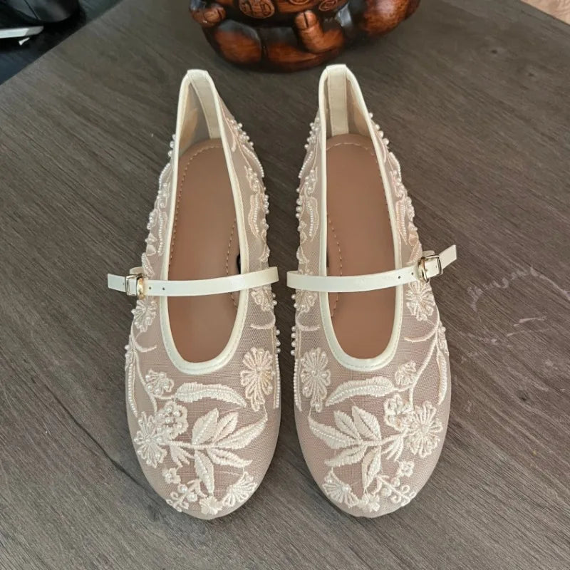2025 Summer Women Mary Jane Shoes Brand Designer New Embroidered Mesh Elegant Belt Buckle Strap White Ladies Ballet Flats - Buy online at  Vibe In Cart.