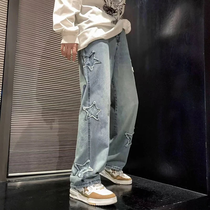 Star Embroidery Straight Casual Men Jeans Gothic Neutral New Wide Leg Loose Hip-hop Fashion Youth Streetwear Denim Trousers Y2K - Buy online at  Vibe In Cart.