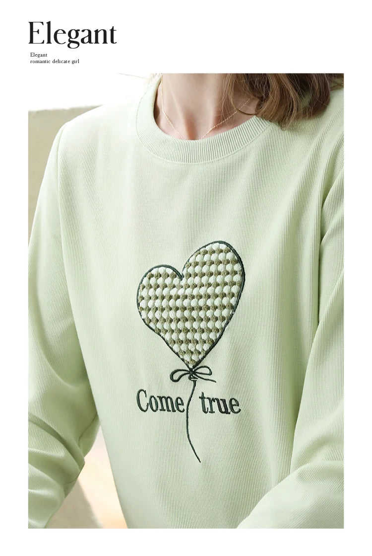 Women's Green Waffle Knitted Loose O-Neck Pullover Hoodie with Embroidery