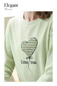 Women's Green Waffle Knitted Loose O-Neck Pullover Hoodie with Embroidery
