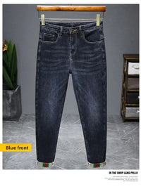 Men's Slim Fit Charcoal Grey Embroidered Jeans for Autumn and Winter