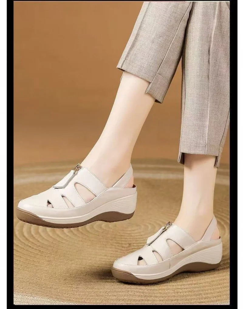 2025 New Genuine Leather Mom Sandals Women Peep-Toe Wedge Soft Sole Hollow-Out Breathable Slip-Resistant Casual Shoes - Buy online at  Vibe In Cart.
