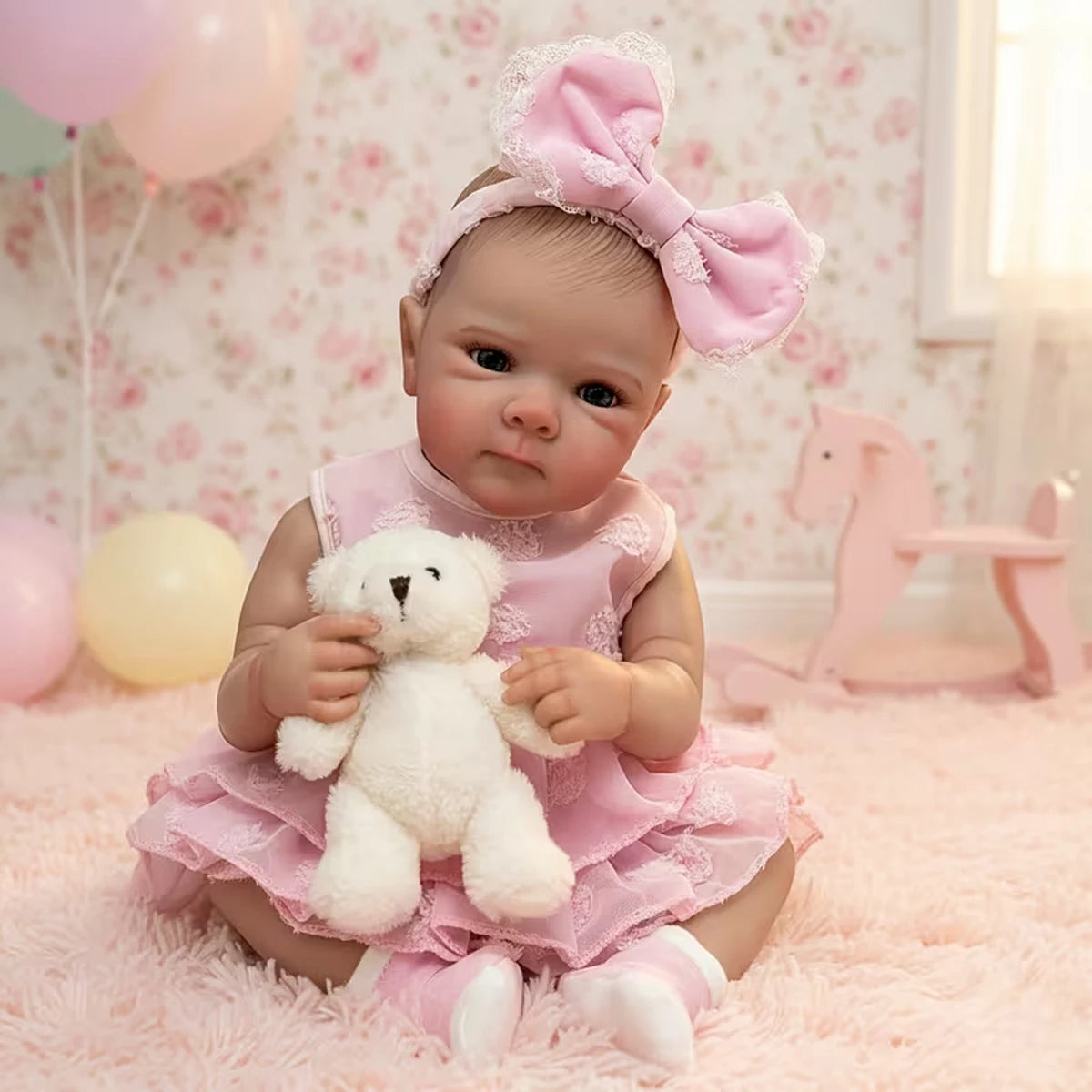 Full Body Vinyl Girl Rebirth Doll with Visible Blood Vessels and Pink Dress