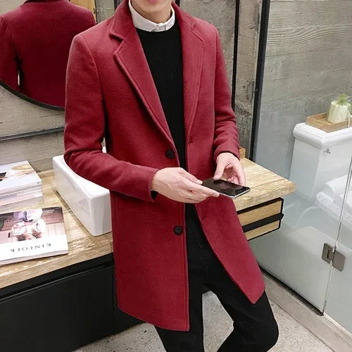 Men's Long Slim Cotton Wool Blend Coat for Autumn Winter