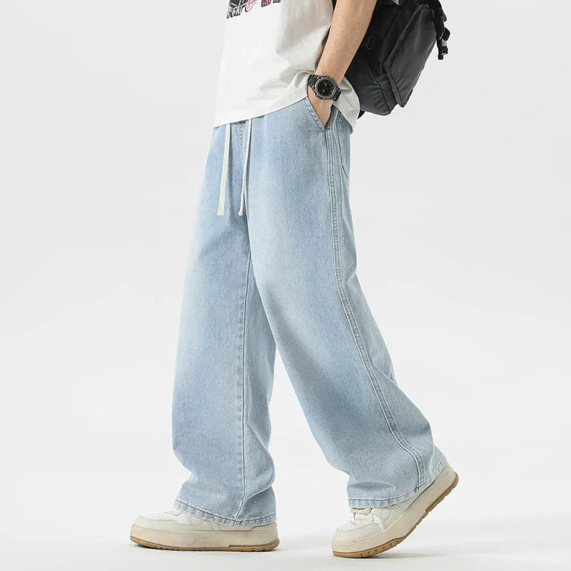 Men's Loose Wide-Leg Straight Casual Baggy Jeans in Black, Grey, and Blue