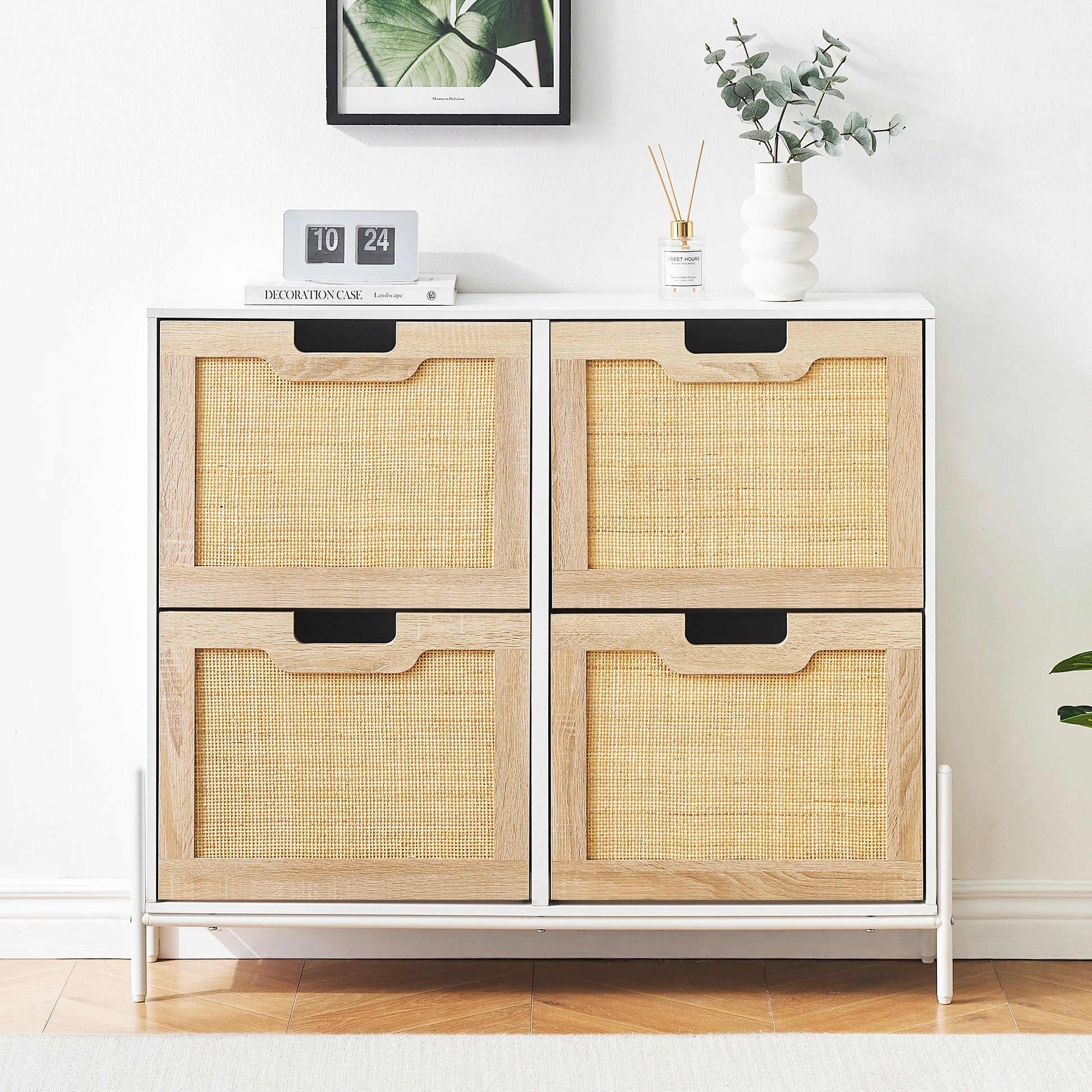 Rattan Shoe Storage Cabinet, Entryway Shoes Cabinet with 4 Flip Doors, Freestanding Shoe Rack with 3 Position Adjustable Shelves - Buy online at  Vibe In Cart.