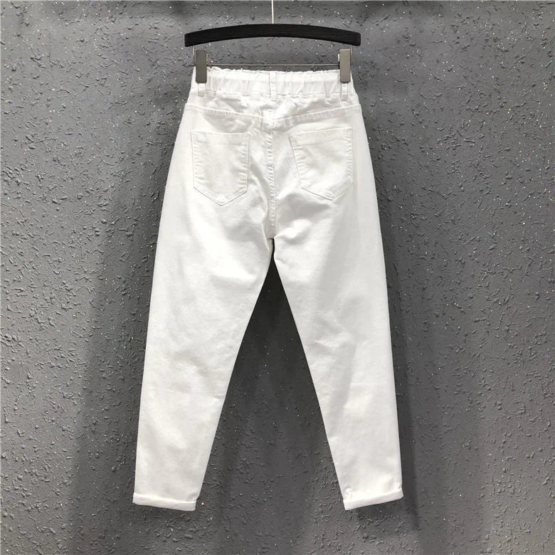 Women's White Straight Cotton Polyester Jeans Full Length