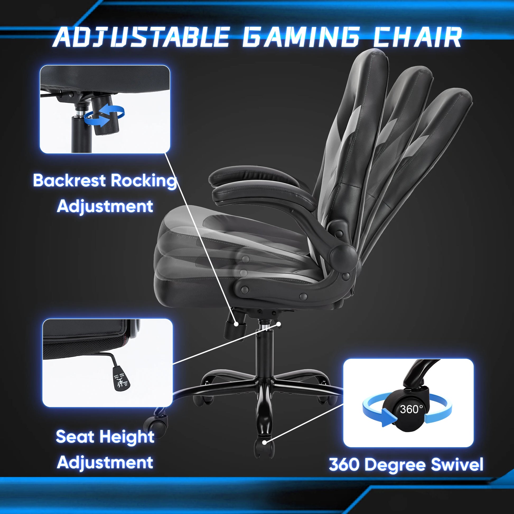 JHK Ergonomic Office Computer Home Gaming Desk Chair Adjustable PU Leather Racing Chair Flip-up Armrest For Christmas Furniture - Buy online at  Vibe In Cart.