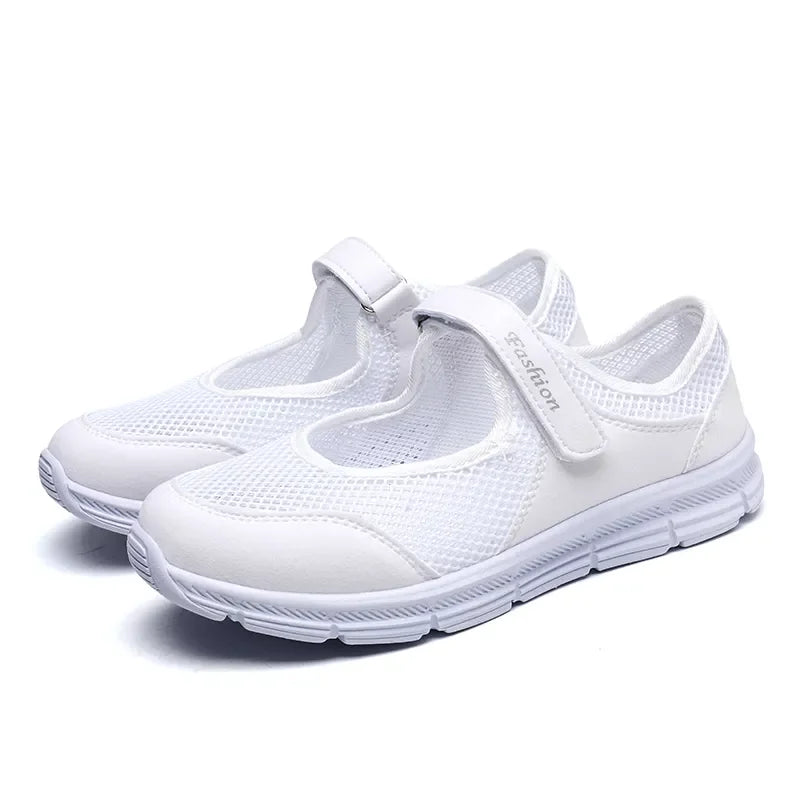 Women's Breathable Mesh Sneakers White Flat Heel