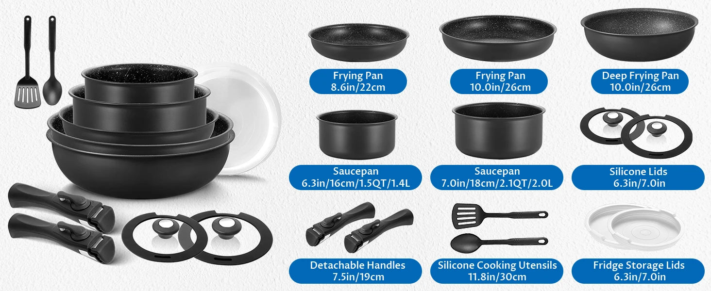 Induction Cookware Set 13 Pieces, Nonstick Pots and Pans Set with Removable Handles, for All Hobs, Stackable Design for RV - Buy online at  Vibe In Cart.