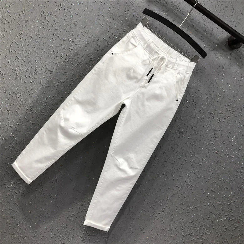 Women's White Straight Cotton Polyester Jeans Full Length