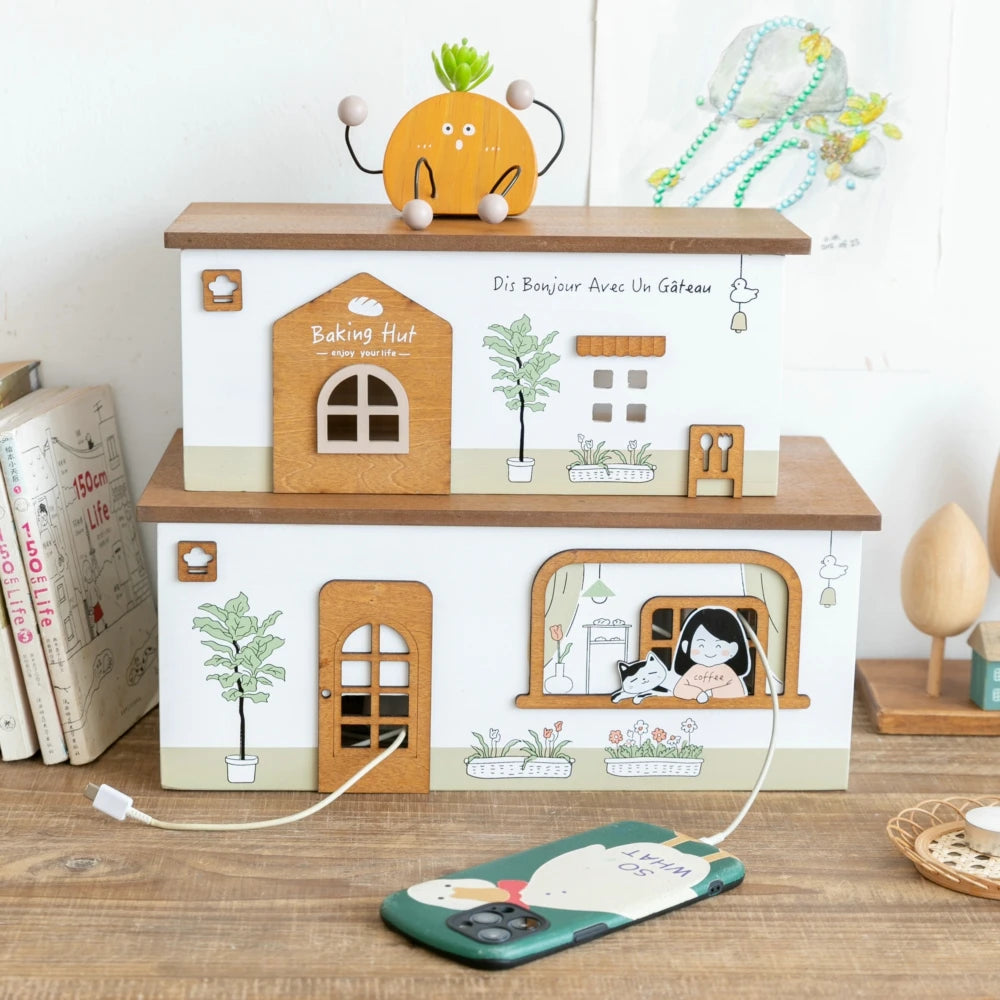 Wooden Rectangle Storage Box for Desktop Cord Organization