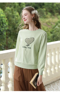 Women's Green Waffle Knitted Loose O-Neck Pullover Hoodie with Embroidery