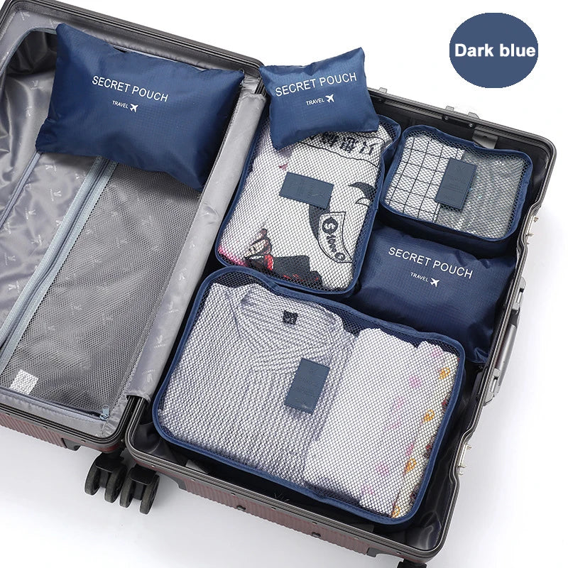 6-Piece Polyester Travel Packing Cubes Set in Black and Dark Blue with Shoe Pouch