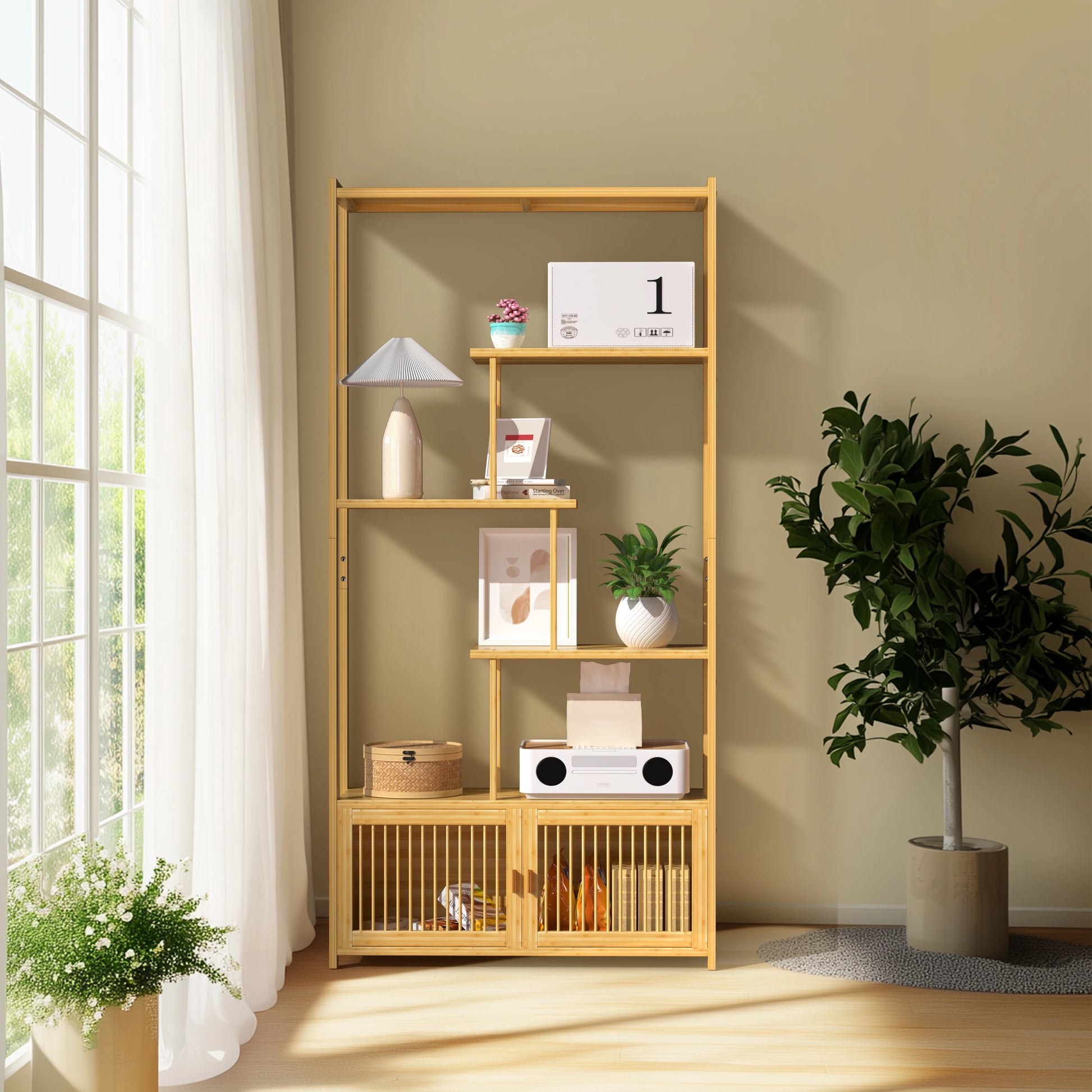 6 Tier Bamboo Bookshelf Bamboo Storage Rack with Cabinet Living Room Display Rack Storage Organizer for Home Office - Buy online at  Vibe In Cart.