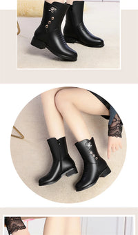 Soft Leather Boots for Women Autumn Winter with Plush Warm Side Zipper Round Toe High Heel Casual Anti-slip Mom Cotton Shoes - Buy online at  Vibe In Cart.