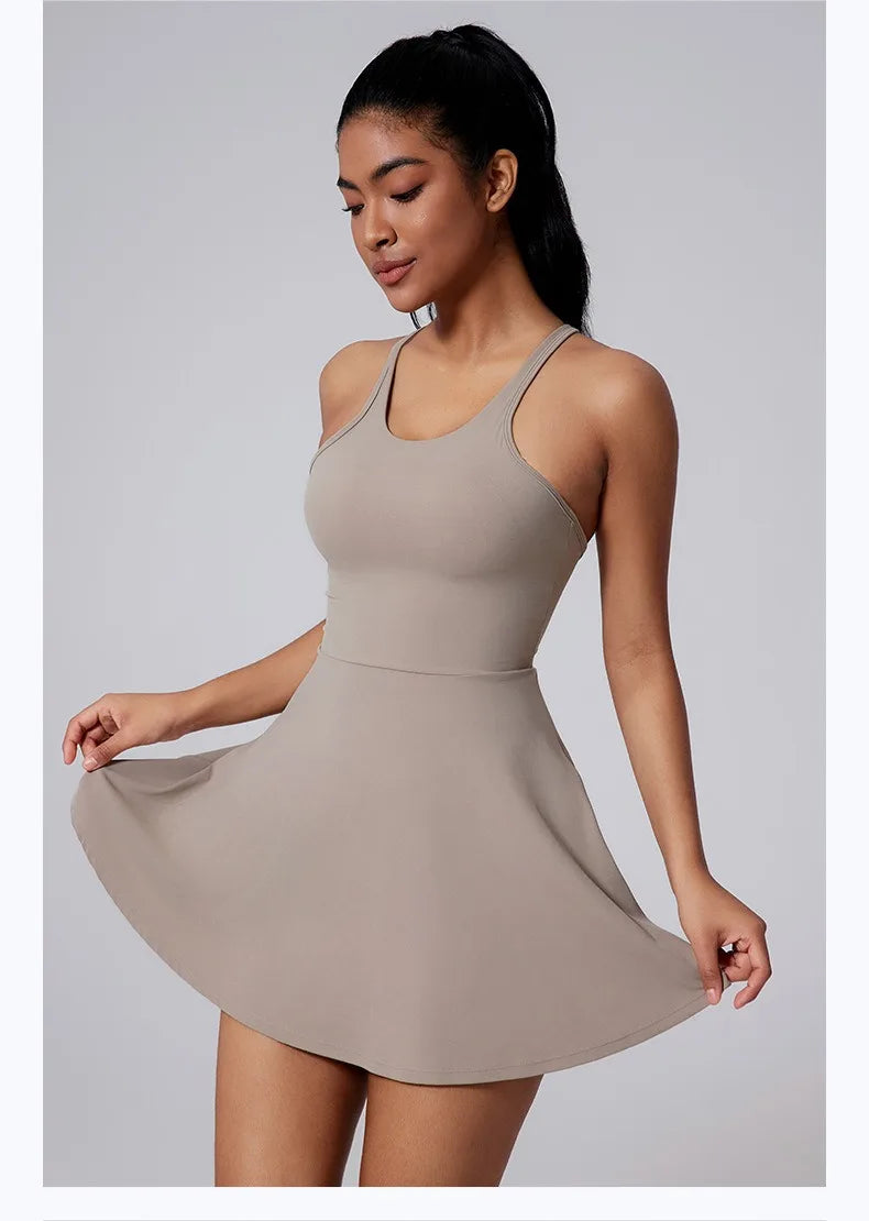 Women Beautiful Back Tennis Dress With Chest Cushion&Shorts Dreathable Outdoor Yoga Golf Skirt Workout Running Badminton Dress