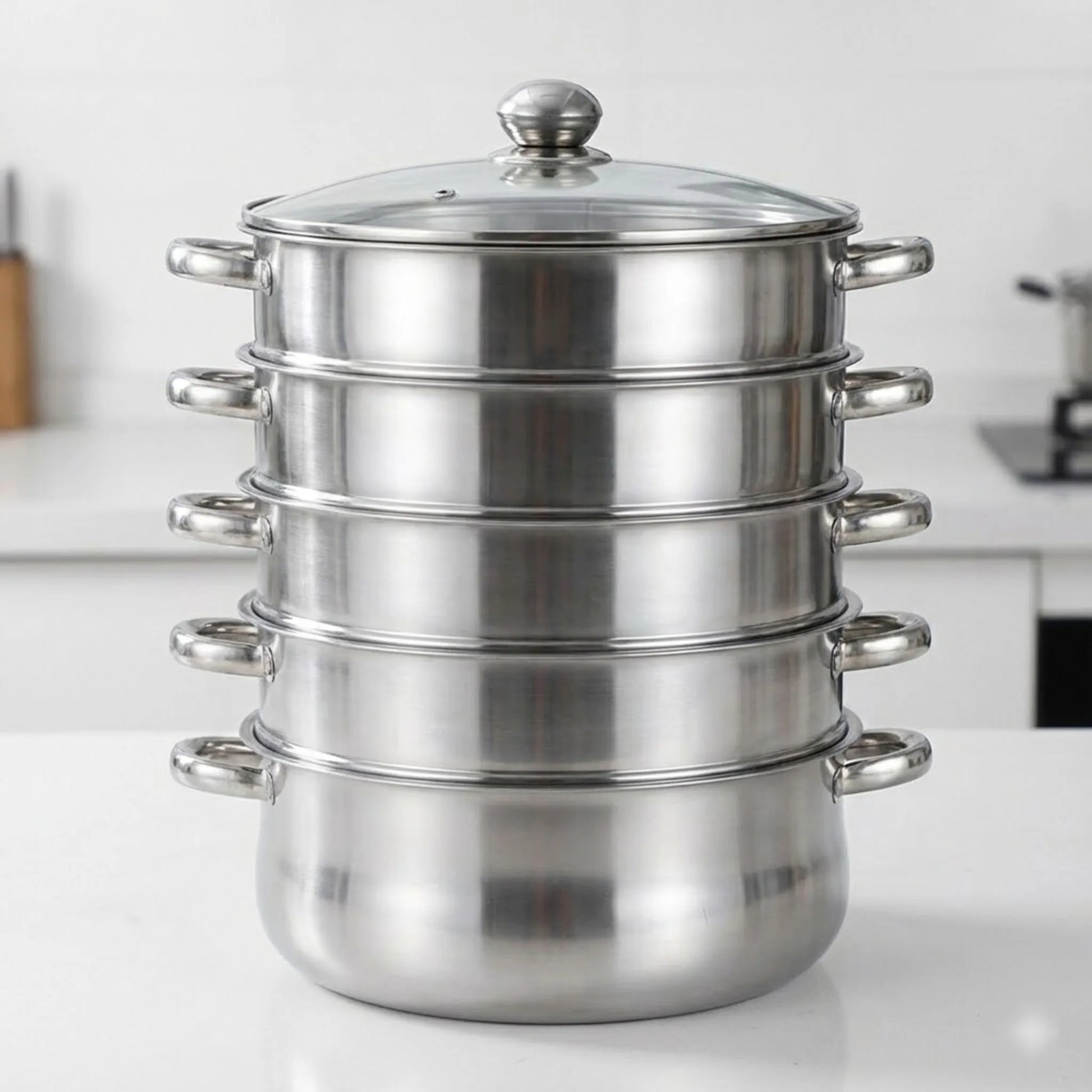 5 Tier Stainless Steel Steamer Pot Set 28cm Large Capacity Stackable Cookware With Glass Lid For Home Kitchen - Buy online at  Vibe In Cart.