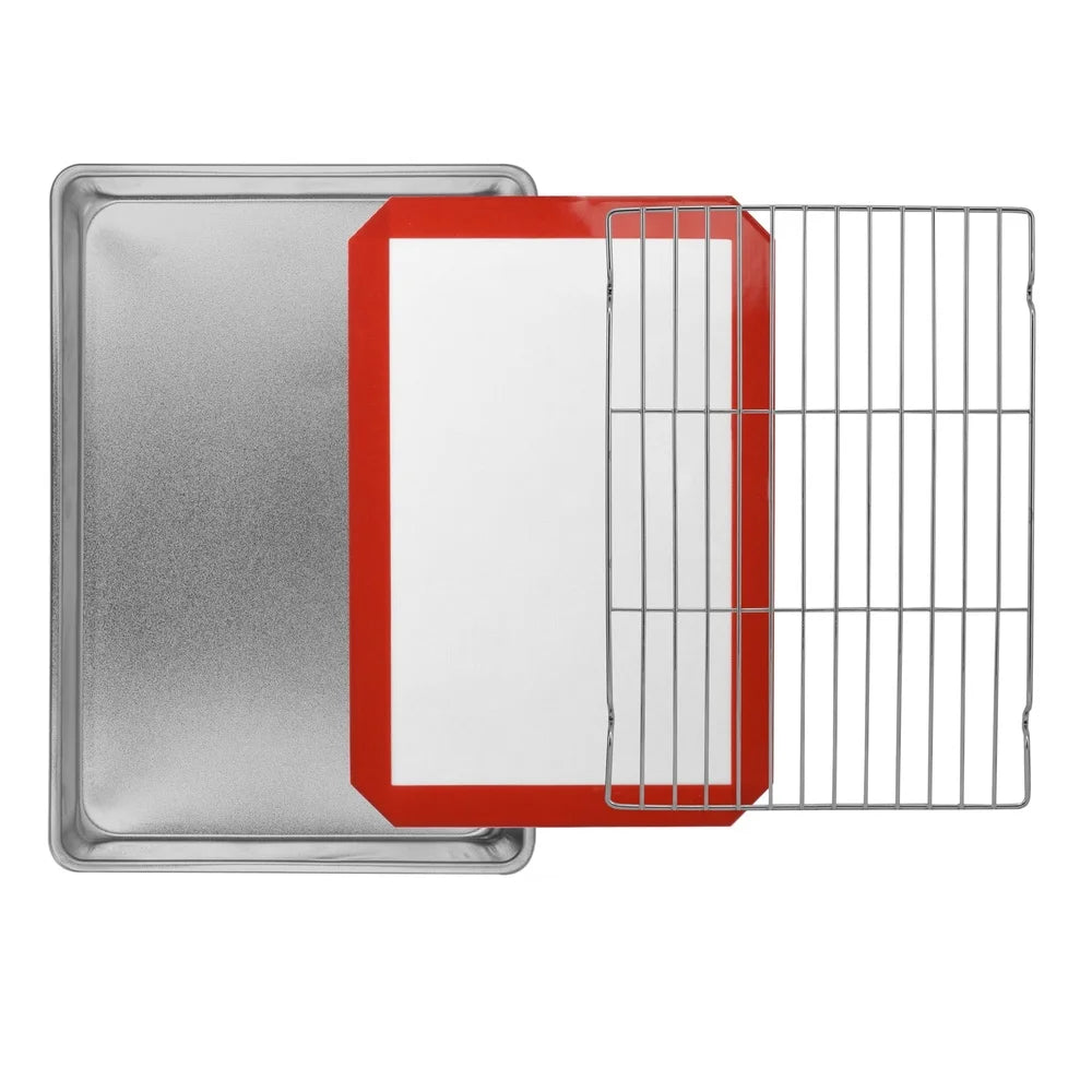 All Purpose Bakeware Set 3 Piece Non Stick Baking Pan Cooling Rack Silicone Mat Baking Cookies and Treats - Buy online at  Vibe In Cart.