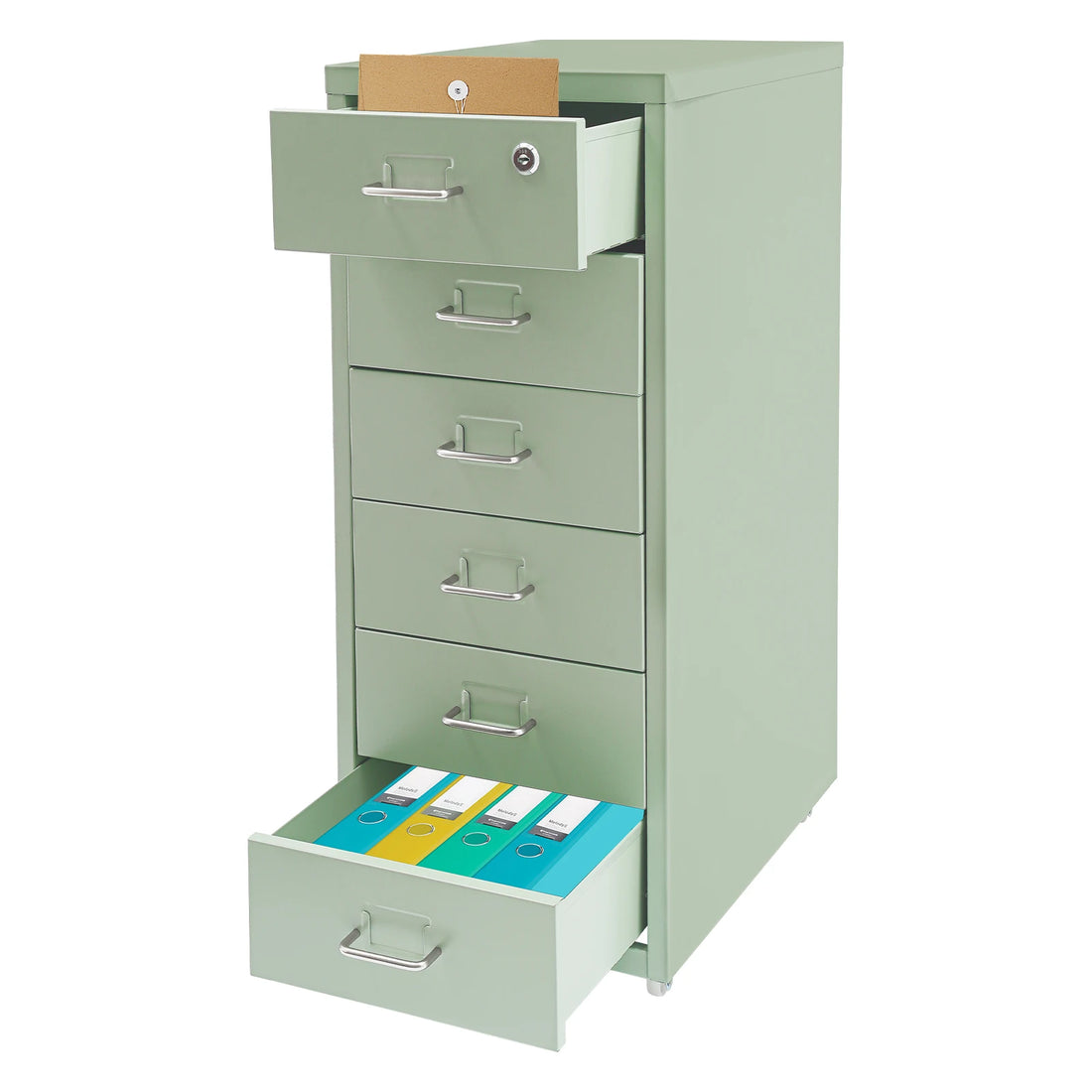 Lockable Rolling Metal File Cabinet| 6-Drawer Home Office Document Storage Container with Wheels| Off-white/Green/Yellow - Buy online at  Vibe In Cart.