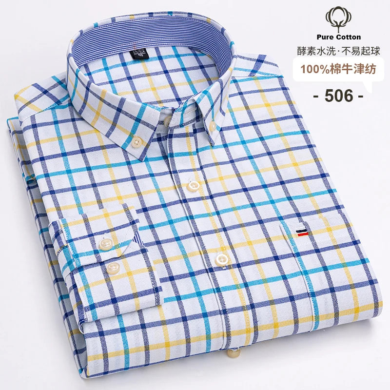 Men's Long Sleeve Plaid Cotton Formal Shirt Regular Fit S-7XL