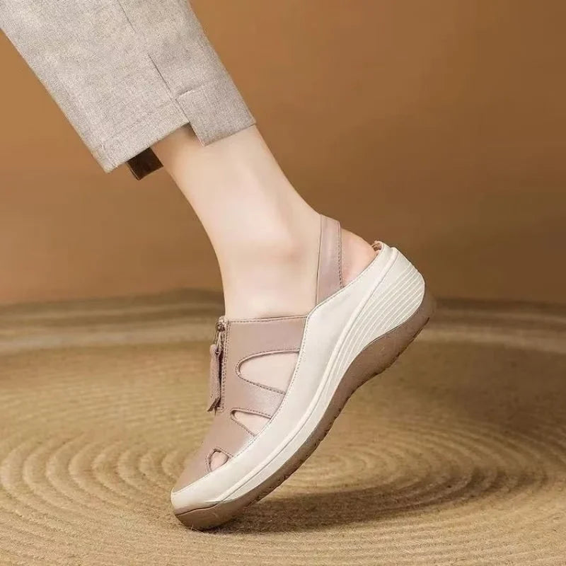 2025 New Genuine Leather Mom Sandals Women Peep-Toe Wedge Soft Sole Hollow-Out Breathable Slip-Resistant Casual Shoes - Buy online at  Vibe In Cart.