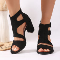 Spring and Summer New Women's Black Suede Chunky Heel Sandals, Hollow Double Buckle Strap Open-Toe High Heels, Versatile Roman Style Women's Shoes for Commuting - Buy online at  Vibe In Cart.