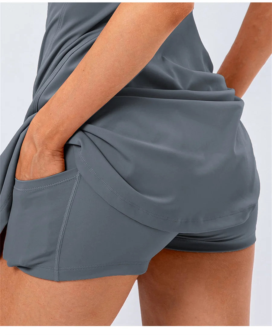 Women's Mini Sleeveless Nylon Tennis Dress with Shorts and Pockets